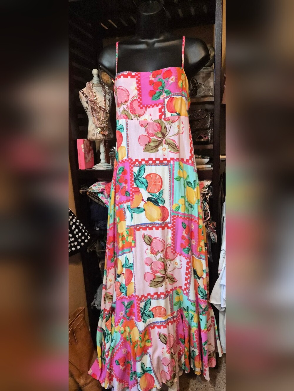 Viral Fruit Patterned Maxi Paper Heart Dress Size Large Open Back